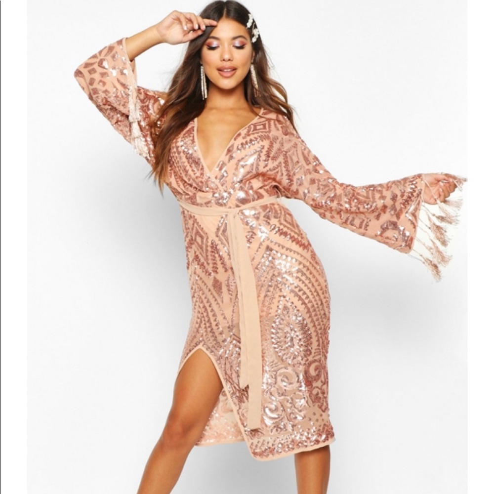 BOOHOO Sequin and Tassel Kimono Sleeve Midi Dress